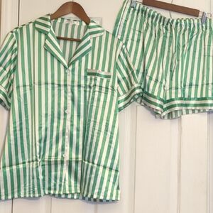 Green and White Striped Button-Up Shirt and Shorts Pajama Set!